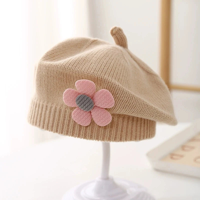 Flower Baby Beret Hat Winter Warm Knitted Beanie Cap for Infant Girls Korean Toddler Princess Artist Solid Color Painter Caps