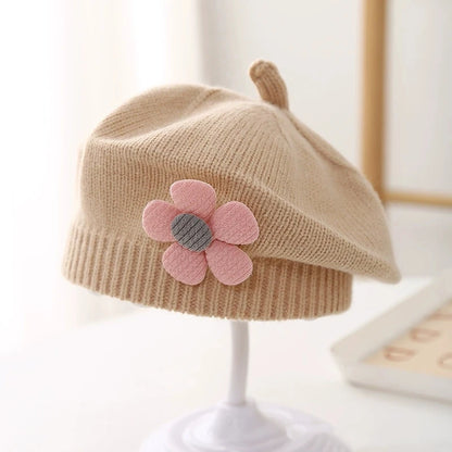 Flower Baby Beret Hat Winter Warm Knitted Beanie Cap for Infant Girls Korean Toddler Princess Artist Solid Color Painter Caps