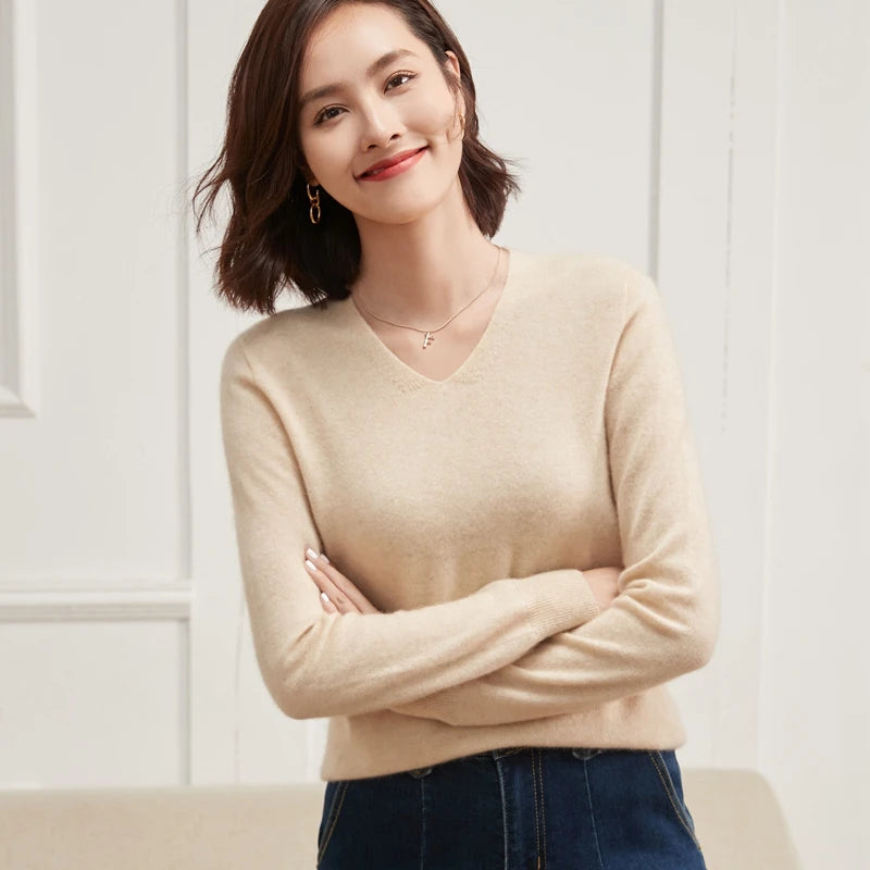 100% Pure Cashmere Women's Sweater V-Neck Long Sleeve Fall Winter Warm Soft Knit Pullover New Knitted Tops Women's Clothing