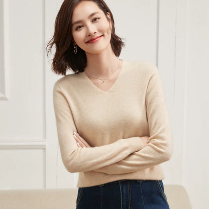 100% Pure Cashmere Women's Sweater V-Neck Long Sleeve Fall Winter Warm Soft Knit Pullover New Knitted Tops Women's Clothing