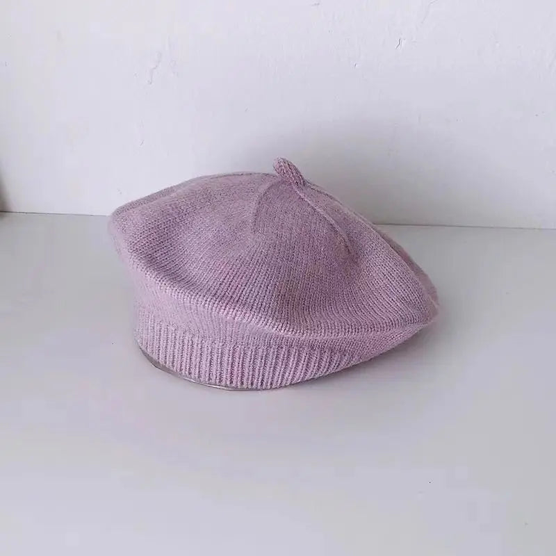 Flower Baby Beret Hat Winter Warm Knitted Beanie Cap for Infant Girls Korean Toddler Princess Artist Solid Color Painter Caps