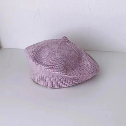 Flower Baby Beret Hat Winter Warm Knitted Beanie Cap for Infant Girls Korean Toddler Princess Artist Solid Color Painter Caps