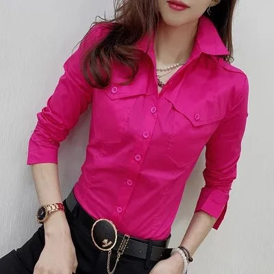 New Fall Winter European Clothes Shirts Office Lady Pockets Blouses Fashion Sexy Button Up Women's Long Sleeve Tops 311127