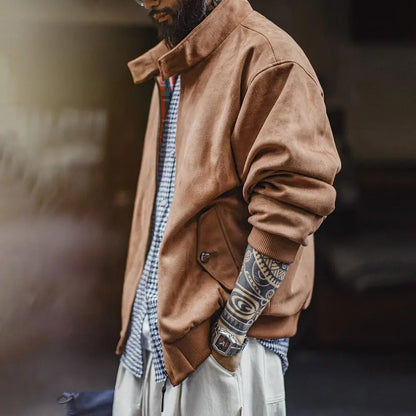 Maden Vintage Men's Suede Jackets Zippered Stand Collar Windbreaker with Tartan Lining Warm Coat for Autumn Winter Streetwear