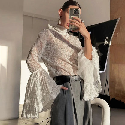 Tornova Sexy Lace Women's T shirt Ruffled Sleeve Ribbon Blouse Fashion Pullover Fall Winter Casual Office Lady T shirt