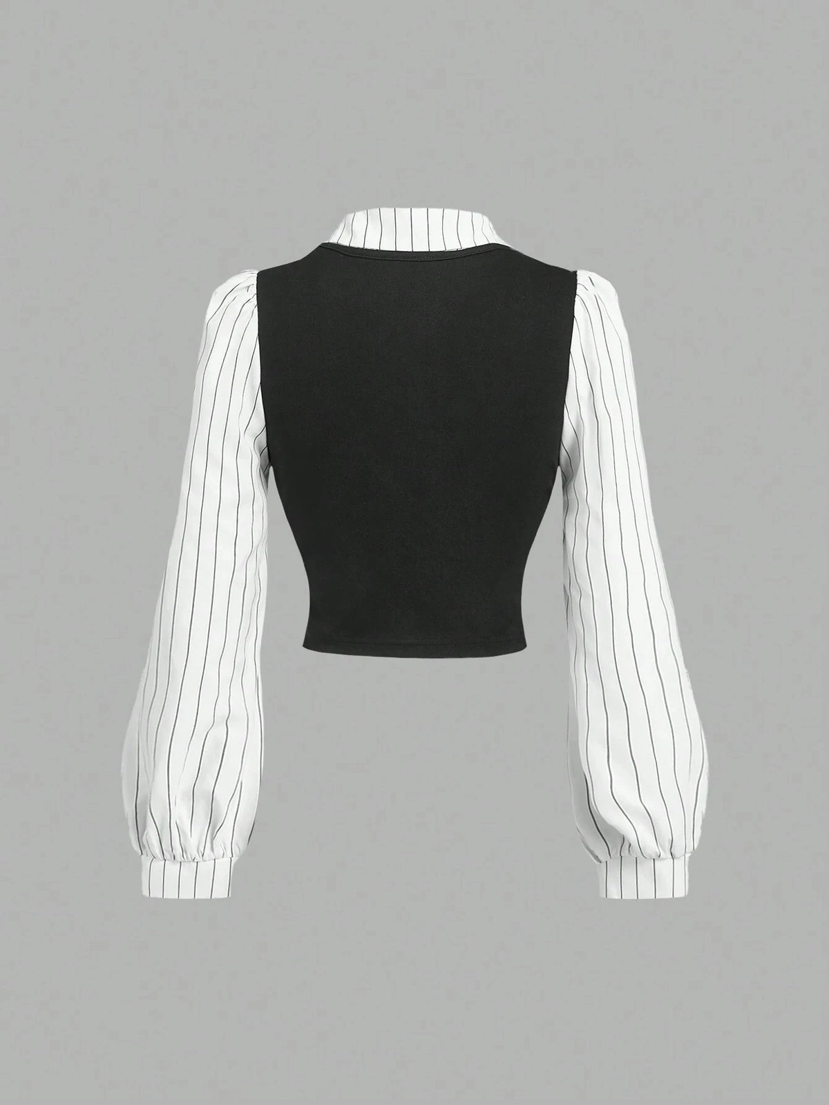 Women's Black & White Stripe Print 2 In 1 Long Sleeve Shirt Decorate Buttons V-Neck College Style Cropped Shirt Spring/Fall