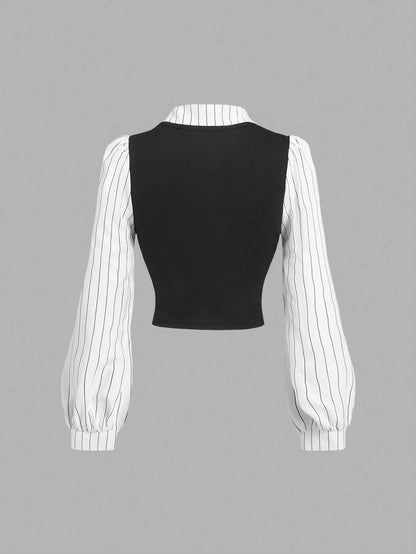Women's Black & White Stripe Print 2 In 1 Long Sleeve Shirt Decorate Buttons V-Neck College Style Cropped Shirt Spring/Fall