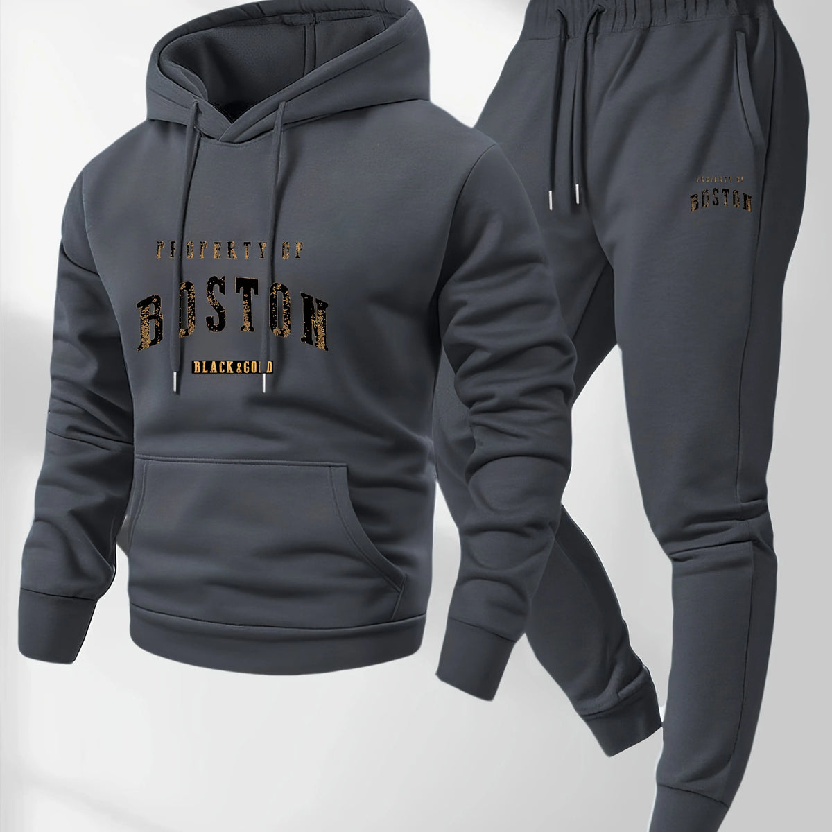 Men's Boston print hooded sweatshirt and sweatpants soft and comfortable thin velvet warm sweatpants set autumn and winter