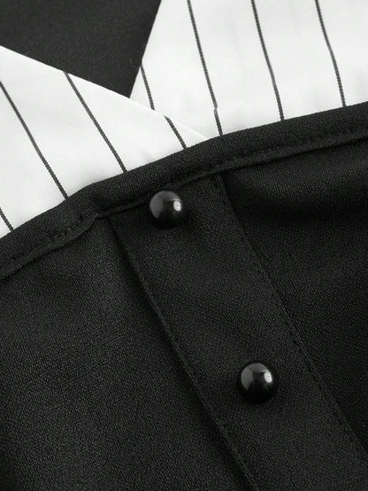 Women's Black & White Stripe Print 2 In 1 Long Sleeve Shirt Decorate Buttons V-Neck College Style Cropped Shirt Spring/Fall