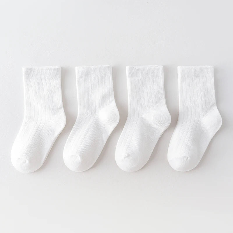 Four Pairs of Children's Socks for Spring and Autumn, Striped Versatile Style, Mid-Calf Socks with a School Style.
