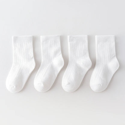 Four Pairs of Children's Socks for Spring and Autumn, Striped Versatile Style, Mid-Calf Socks with a School Style.