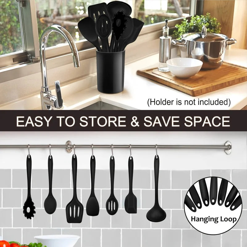 1 ‌ /7-Piece Silicone Kitchen Utensil Set - Non-Stick Spatula, Spoon, Skimmer, Pasta Clip & More for Cooking & Baking