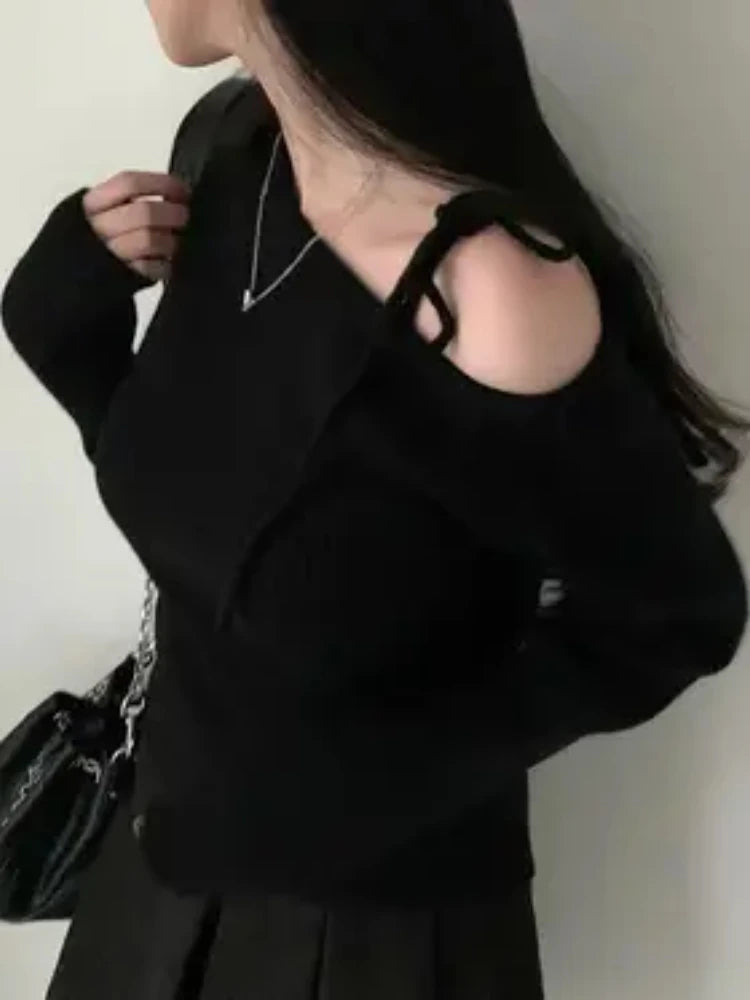 New Women's Elegant Off-Shoulder Sweater T-Shirt Black White Striped with Adjustable Lace-Up Fall Winter Casual Chic Top