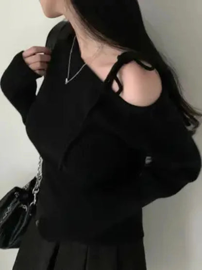 New Women's Elegant Off-Shoulder Sweater T-Shirt Black White Striped with Adjustable Lace-Up Fall Winter Casual Chic Top