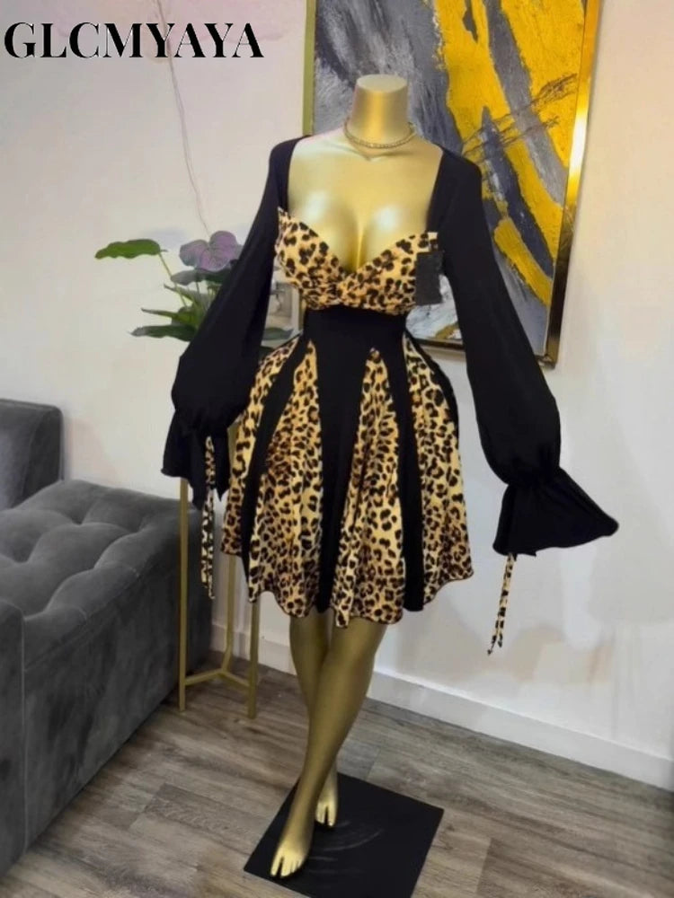 CM.YAYA Women Leopard Printed Patchwork Strapless Long Sleeve A-line Mini Midi Dress Fall Holiday Party Birthday Street Dresses