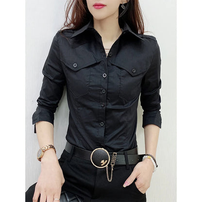 New Fall Winter European Clothes Shirts Office Lady Pockets Blouses Fashion Sexy Button Up Women's Long Sleeve Tops 311127