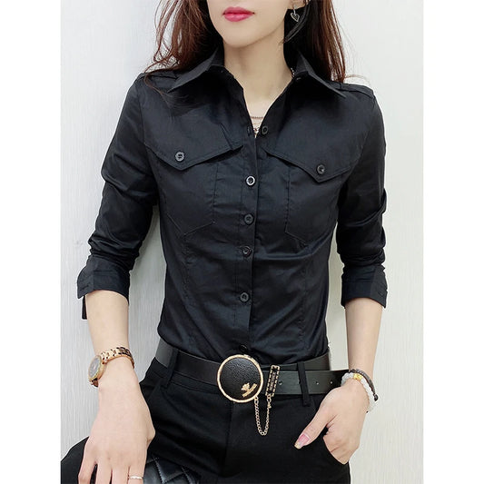 New Fall Winter European Clothes Shirts Office Lady Pockets Blouses Fashion Sexy Button Up Women's Long Sleeve Tops 311127