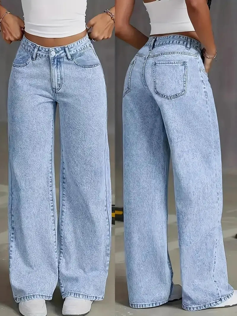New American Fashion Women's Loose Casual Wide Leg Straight Denim Jeans Baggy Streetwear Pants All Season Trousers