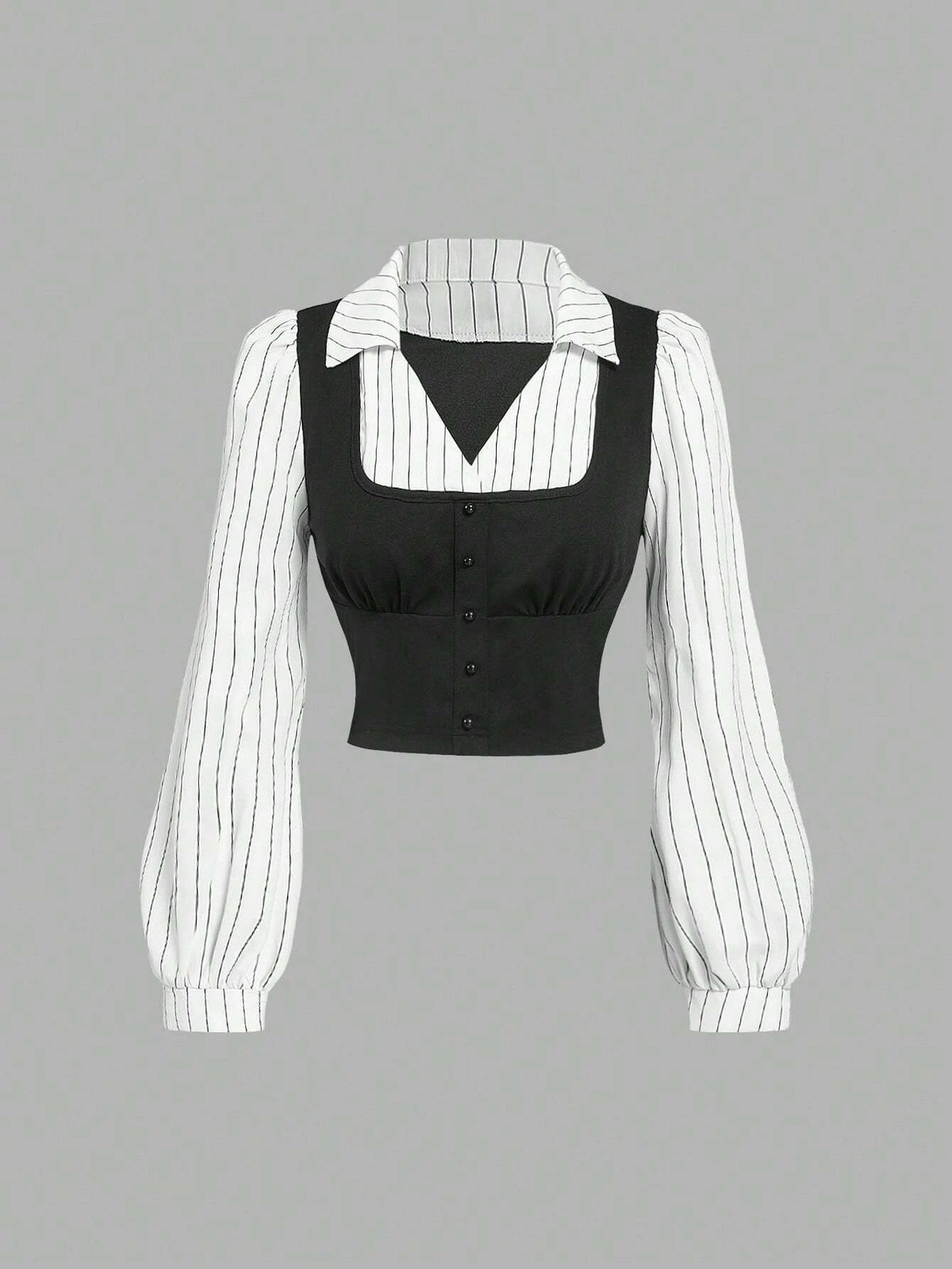 Women's Black & White Stripe Print 2 In 1 Long Sleeve Shirt Decorate Buttons V-Neck College Style Cropped Shirt Spring/Fall