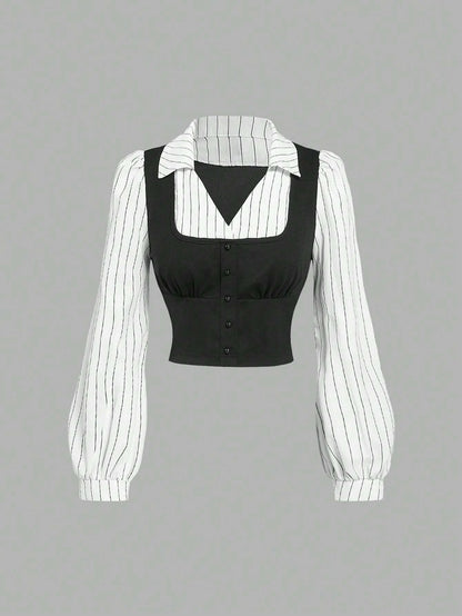 Women's Black & White Stripe Print 2 In 1 Long Sleeve Shirt Decorate Buttons V-Neck College Style Cropped Shirt Spring/Fall