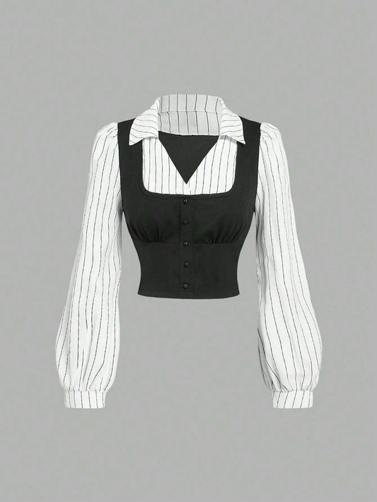 Women's Black & White Stripe Print 2 In 1 Long Sleeve Shirt Decorate Buttons V-Neck College Style Cropped Shirt Spring/Fall