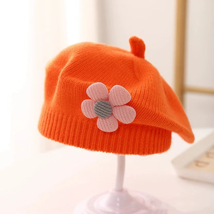 Flower Baby Beret Hat Winter Warm Knitted Beanie Cap for Infant Girls Korean Toddler Princess Artist Solid Color Painter Caps