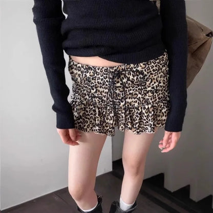 Fall Leopard Print Mini Skirt Retro American Style Drawstring Waist A Line Skirt for Women