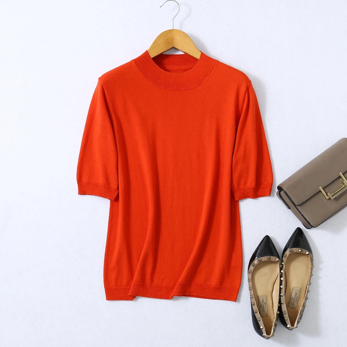 Birdtree, Woman Basic Sweaters, 70% Spun Silk and Cotton Blend O Neck Pullovers, Fall Winter Solid Bottoming Shirts T61715JF