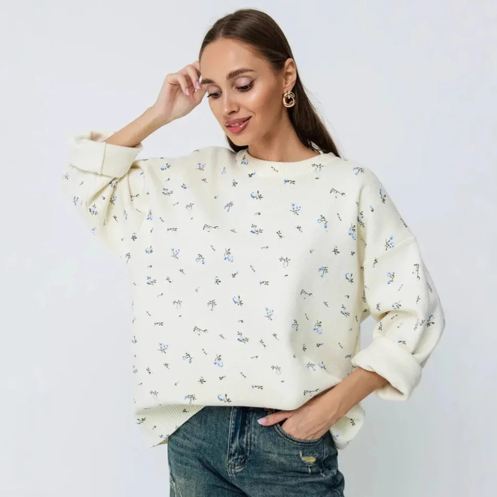 Women's Cream White Floral Print Longline Knit Sweater Crew Neck Relaxed Fit Cardigan with Flowers Fall Winter Boho Chic