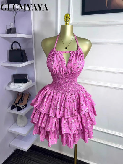 Floral Printed Halter Ruffles Midi A-line Tiered Mini Dress Fall Vacation Elegant Evening Birthday Party Dresses