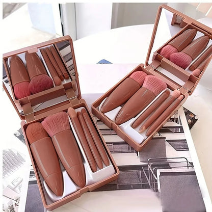 5 PCs Cosmetic Portable Makeup Brush Travel With Mirror Box Makeup Set Blush Blending Brush Eyeshadow Brushes Travel Makeup Set