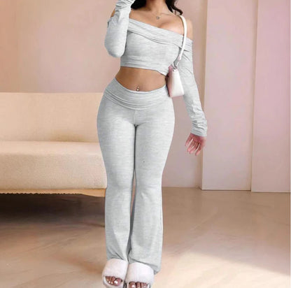 Casual Workout Two Piece Sets Woman Outfits Crop Long Sleeves Tops Foldover Flare Pants Tracksuit Suit Summer and Fall