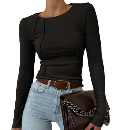 Lady shirt Fall Winter Women's Slim Fit Casual Round Neck Basic Pullover Chest Shape Stitching Long Sleeve Sports Shirt