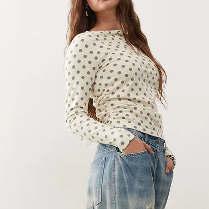 Combhasaki Women Y2k Vintage Polka Dot T-Shirts Slim Long Sleeve Round Neck Side Ruched Pullovers Shirt Tops Fall Winter Clothes