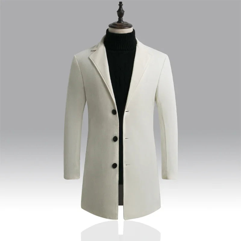 Spring Autumn New Long Cotton Coat New Wool Blend Pure Color Casual Business Fashion Men's Clothing Slim Windbreaker Jacket