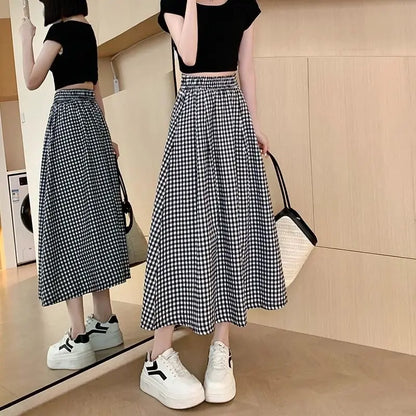 Black White Checkered A-line Skirt Women Summer Lightweight High Waisted Long Skirt