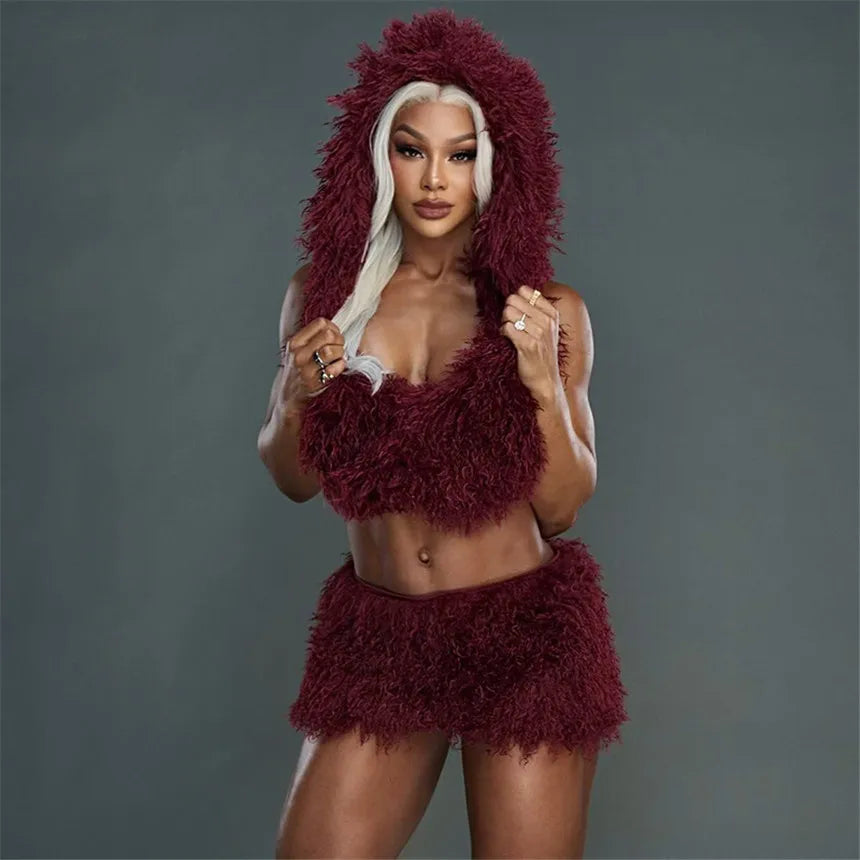 Fashion Faux Fur 2 Piece Set Women Lace Up Backless Hooded Tank Tops + Bodycon Mini Skirts Casual Street Suits