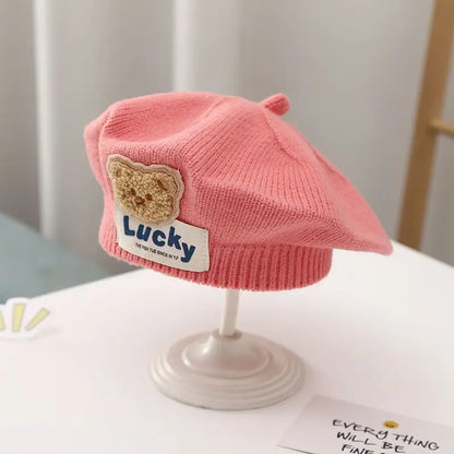 Flower Baby Beret Hat Winter Warm Knitted Beanie Cap for Infant Girls Korean Toddler Princess Artist Solid Color Painter Caps