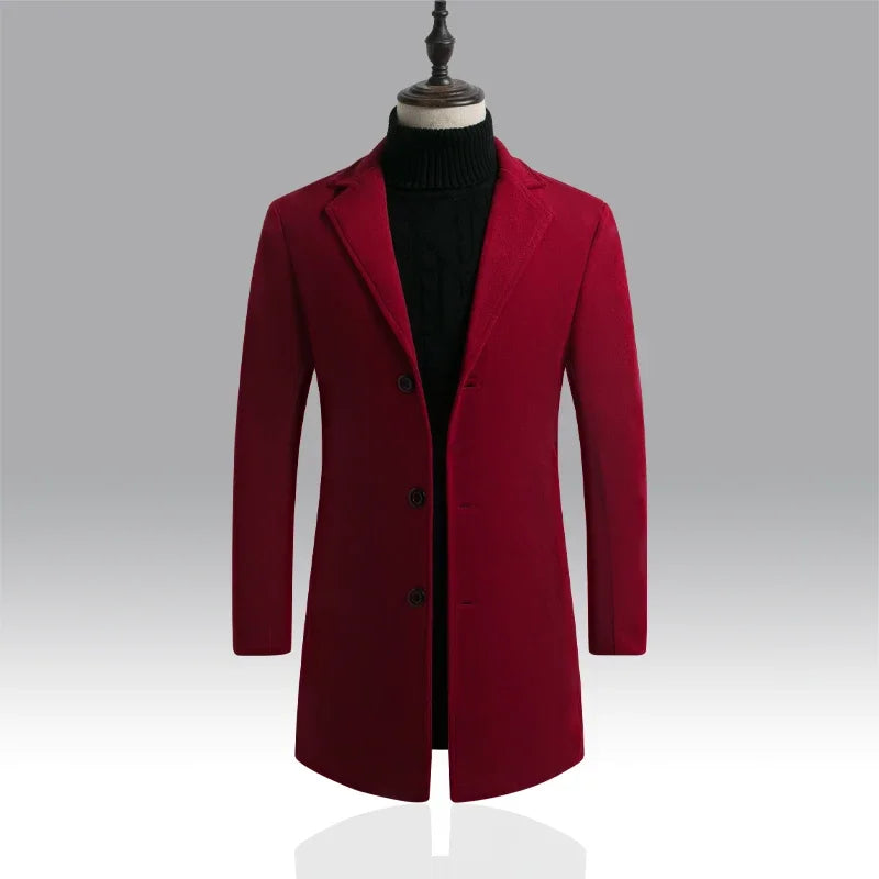 Spring Autumn New Long Cotton Coat New Wool Blend Pure Color Casual Business Fashion Men's Clothing Slim Windbreaker Jacket