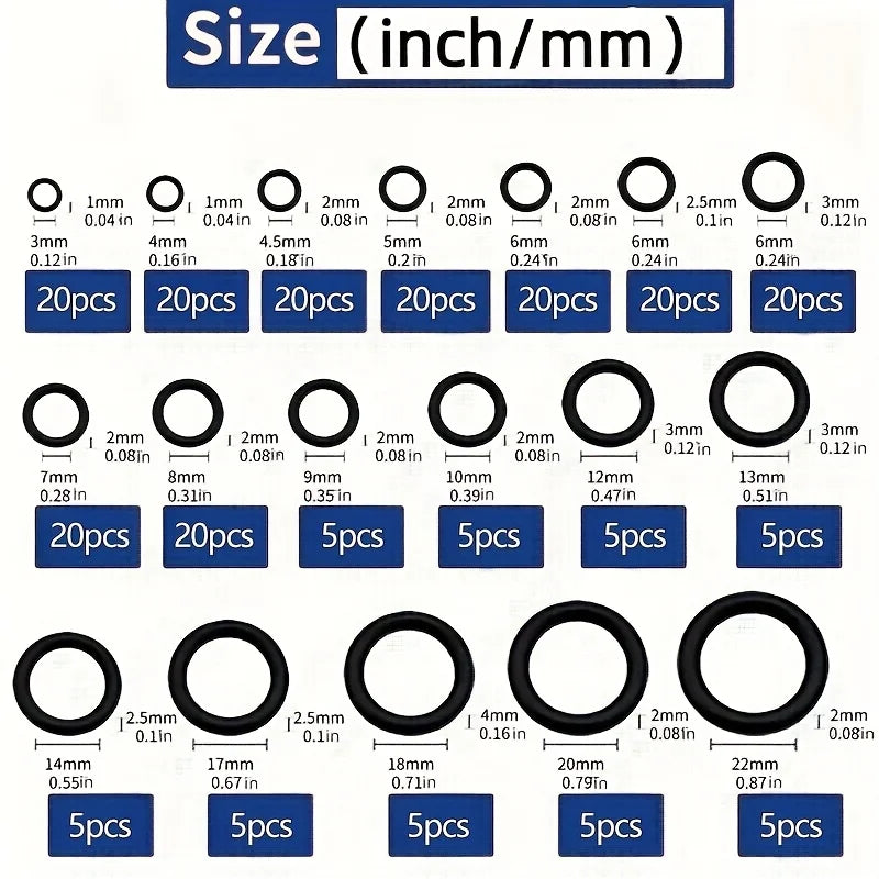 225pcs O-Ring Kit: Durable Rubber Seals for Automotive & Machinery, Ideal for Plumbing - Oil & Water Resistant, Assorted Sizes