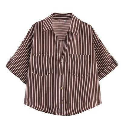 Fall Autumn Women Half Sleeve Single Breasted Blouse and Shirt V-neck Pockets Street Casual Loose OL Tops Shirts