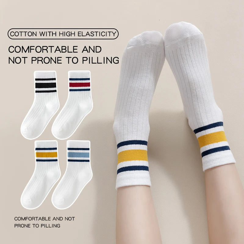 Four Pairs of Children's Socks for Spring and Autumn, Striped Versatile Style, Mid-Calf Socks with a School Style.