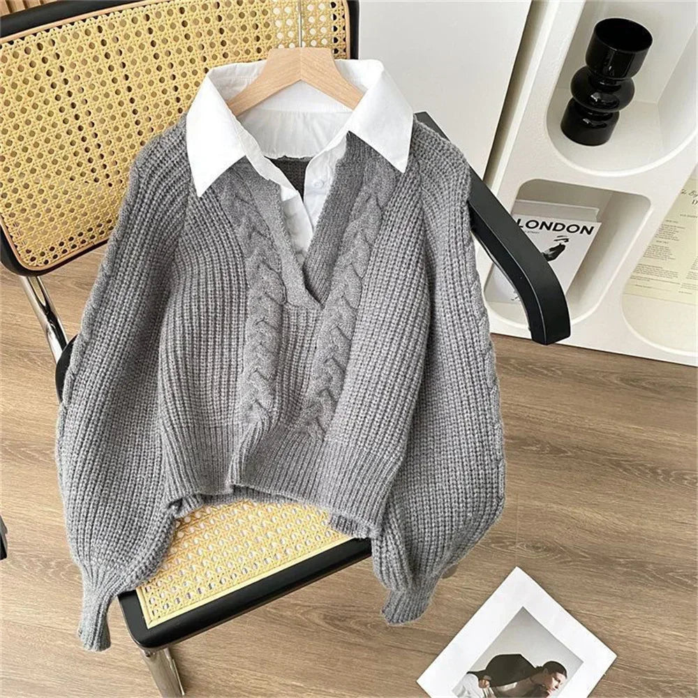 Fashion New Casual Fall Winter Fake Two-piece Knitted Top for Women Autumn and Winter Long Sleeves Sweater for Women Tops