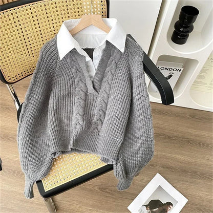 Fashion New Casual Fall Winter Fake Two-piece Knitted Top for Women Autumn and Winter Long Sleeves Sweater for Women Tops