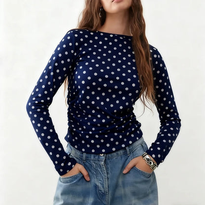 Combhasaki Women Y2k Vintage Polka Dot T-Shirts Slim Long Sleeve Round Neck Side Ruched Pullovers Shirt Tops Fall Winter Clothes