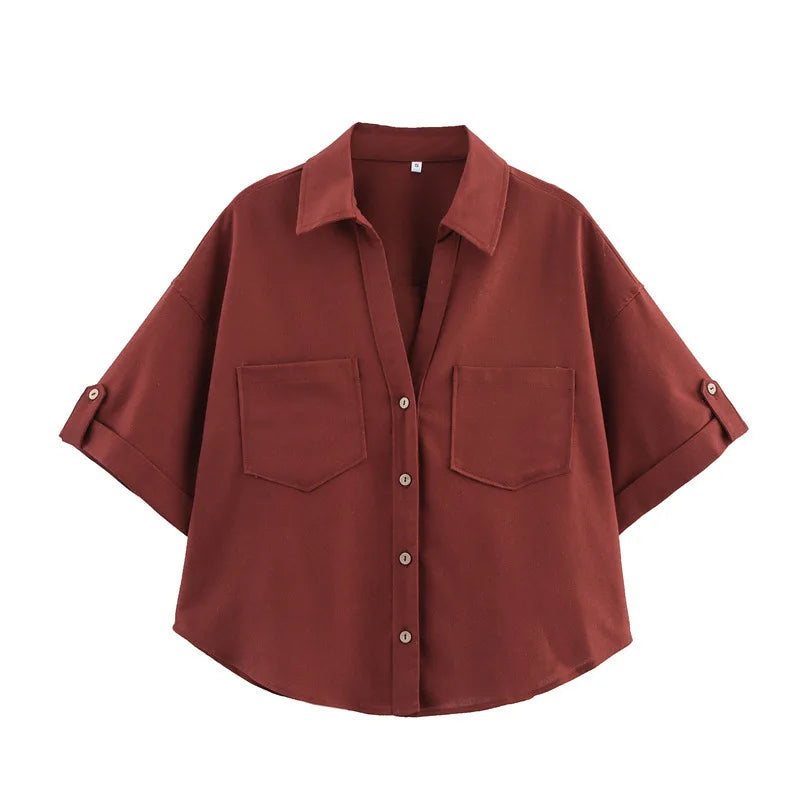 Fall Autumn Women Half Sleeve Single Breasted Blouse and Shirt V-neck Pockets Street Casual Loose OL Tops Shirts