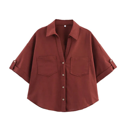 Fall Autumn Women Half Sleeve Single Breasted Blouse and Shirt V-neck Pockets Street Casual Loose OL Tops Shirts