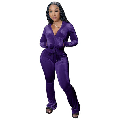 Hot Sale Fall Women's hoodie Set Zipper Pocket Crop Top Jacket Velvet Jogging suit Velour tracksuits Women Two Piece set