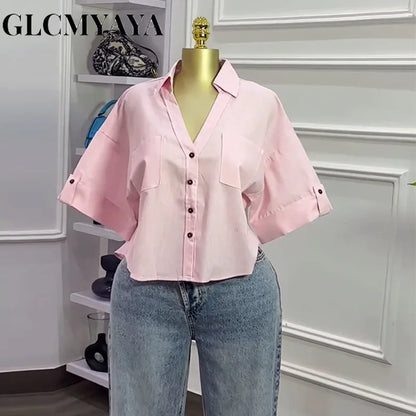 Fall Autumn Women Half Sleeve Single Breasted Blouse and Shirt V-neck Pockets Street Casual Loose OL Tops Shirts