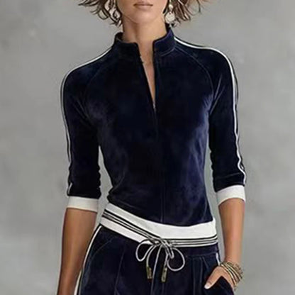 Fall Winter Solid Velvet Clothes Woman Turtleneck Zipper Top Cardigan & Wide Leg Pants Set Retro Contrast Sportswear Suit Outfit